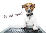 Jack russell terrier on laptop saying trust me